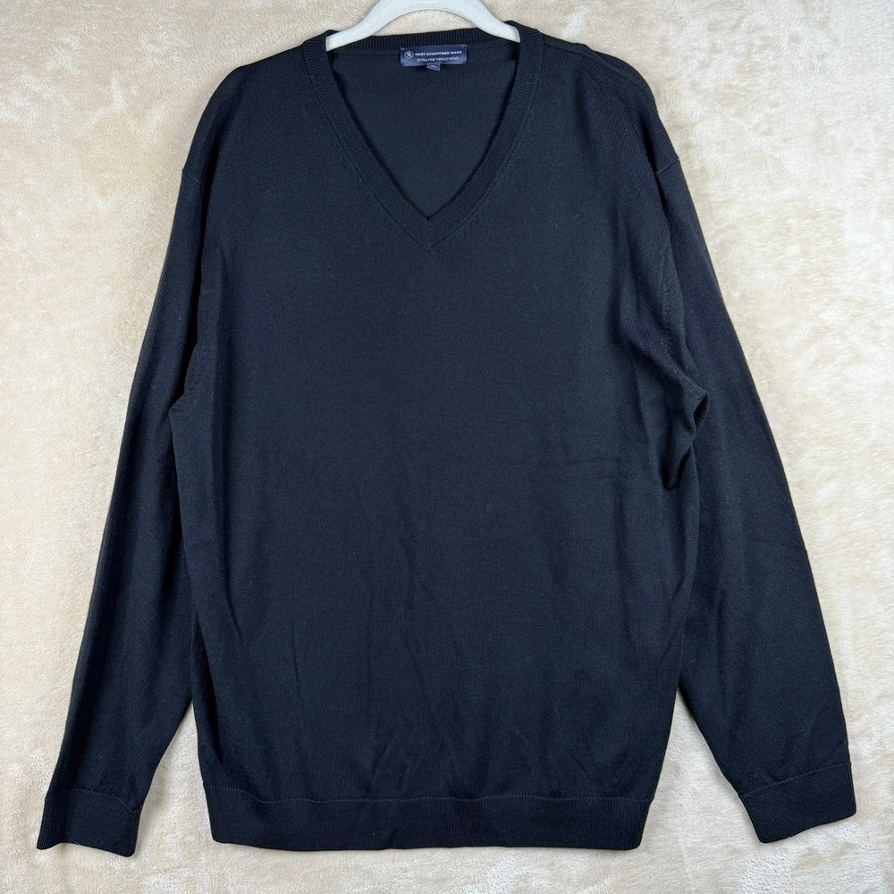 Hart Schaffner Marx Mens XL Black Extra Fine Merino Wool V-Neck Sweater Preppy‎